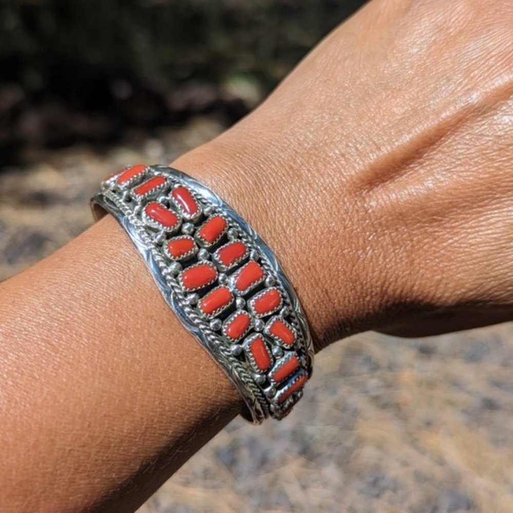 Navajo Bracelet Cluster Coral Jewelry Sterling Silver Native American Sz 6.5in**